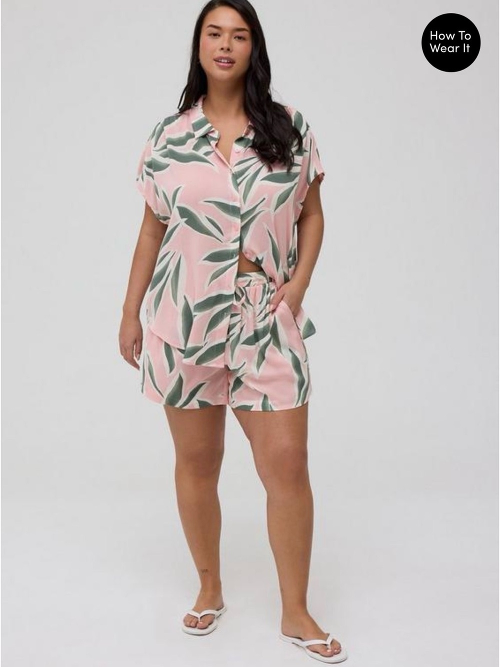 TORRID Matching Gauze Crinkle Dolman Sleeve Top and High Rise Pull-on Shorts.